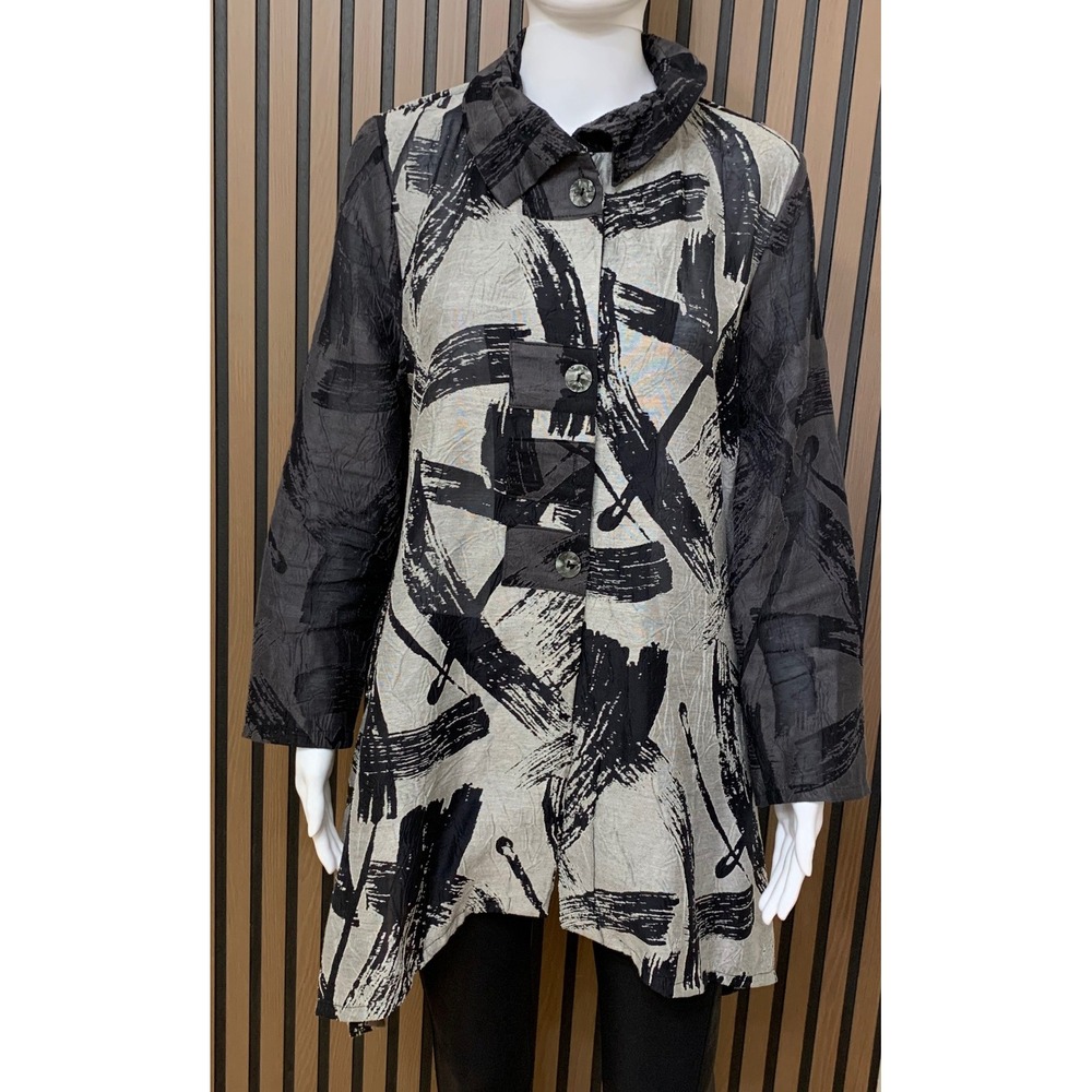 Damee Inc Women's M Abstract Lagenlook Crinkle Button Front Jacket Grey